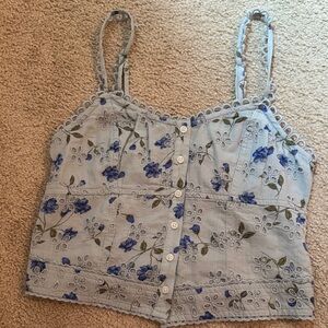 American Eagle Outfitters Light Blue Floral Eyelet Button Cami